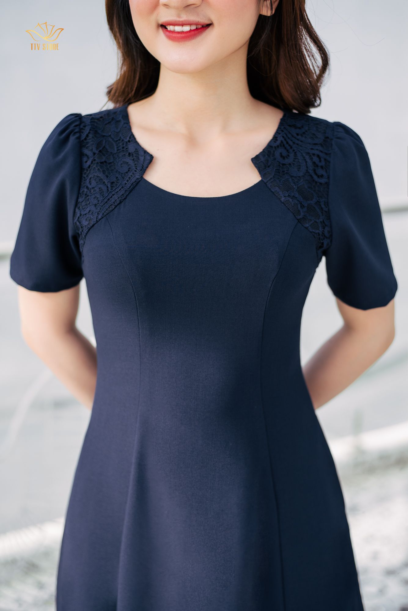 Đầm xoè - Cổ tròn phối ren - CV - Xanh đen - TTV814