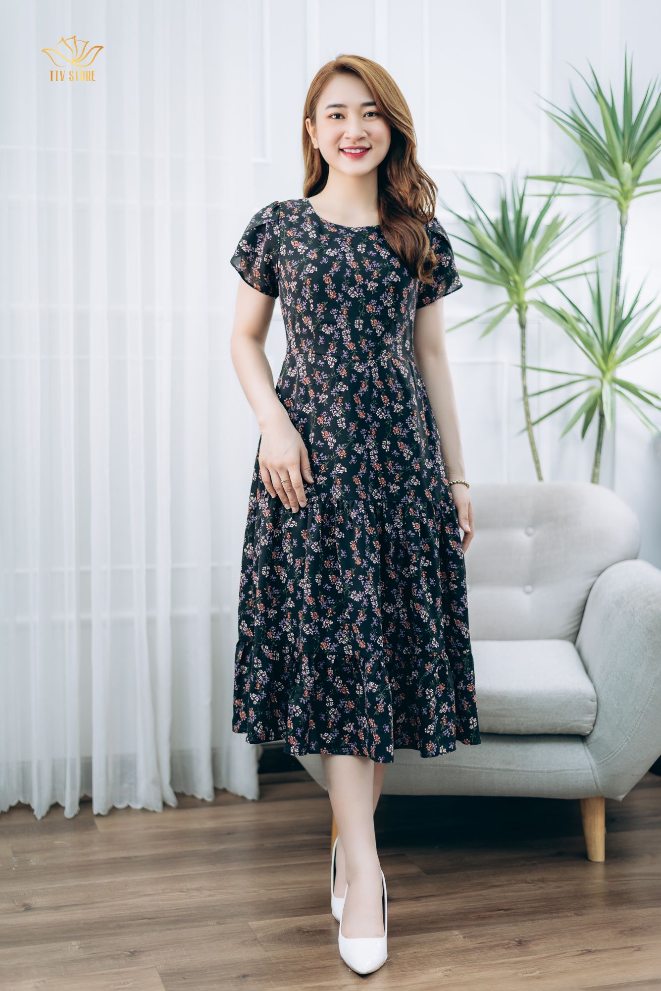 Đầm maxi - Cổ tròn tay búp - CD - Đen hoa - TTV1345