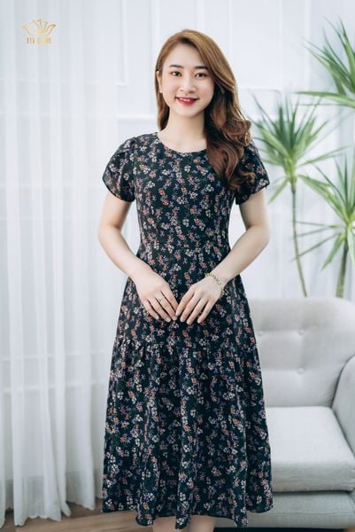 Đầm maxi - Cổ tròn tay búp - CD - Đen hoa - TTV1345