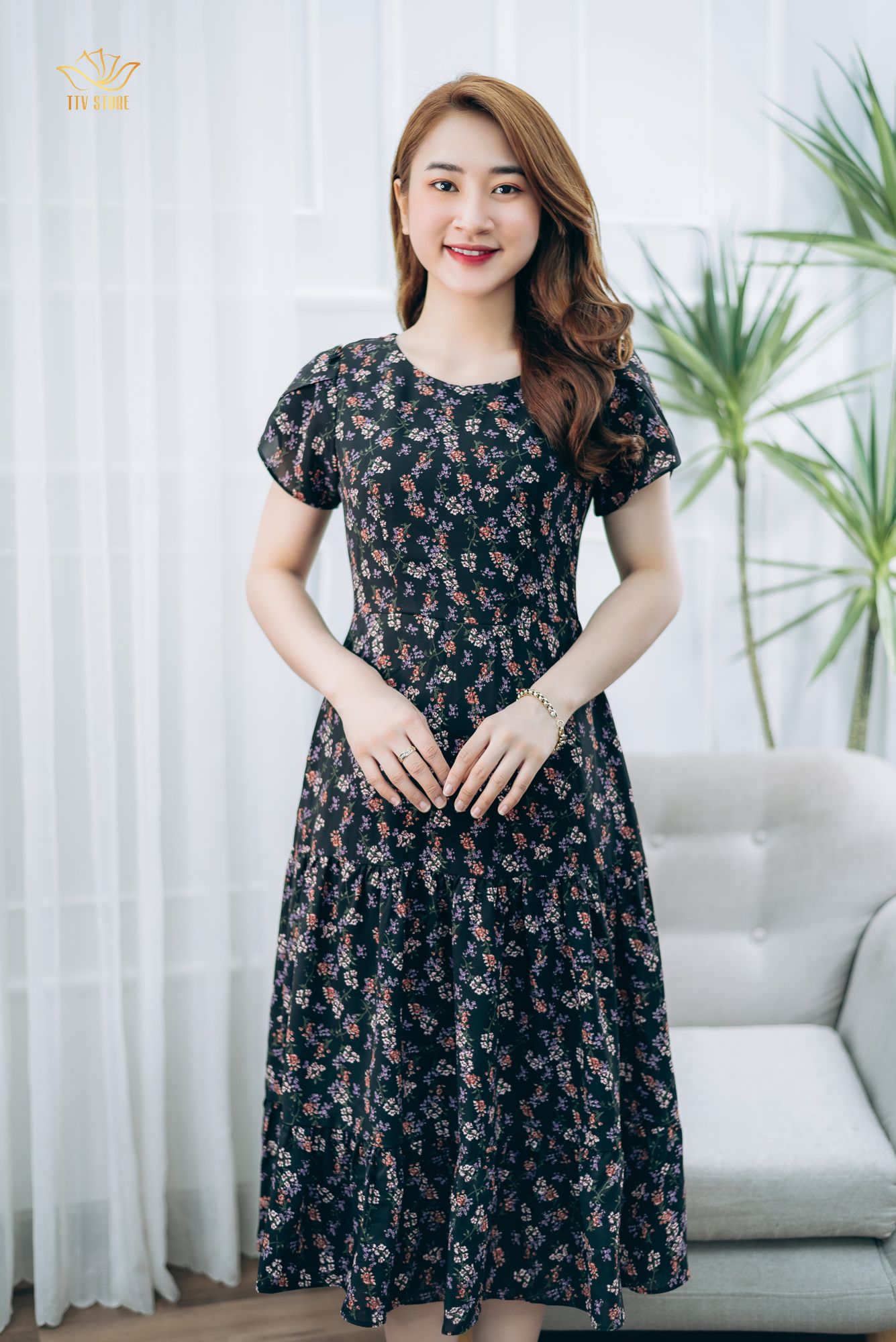 Đầm maxi - Cổ tròn tay búp - CD - Đen hoa - TTV1345