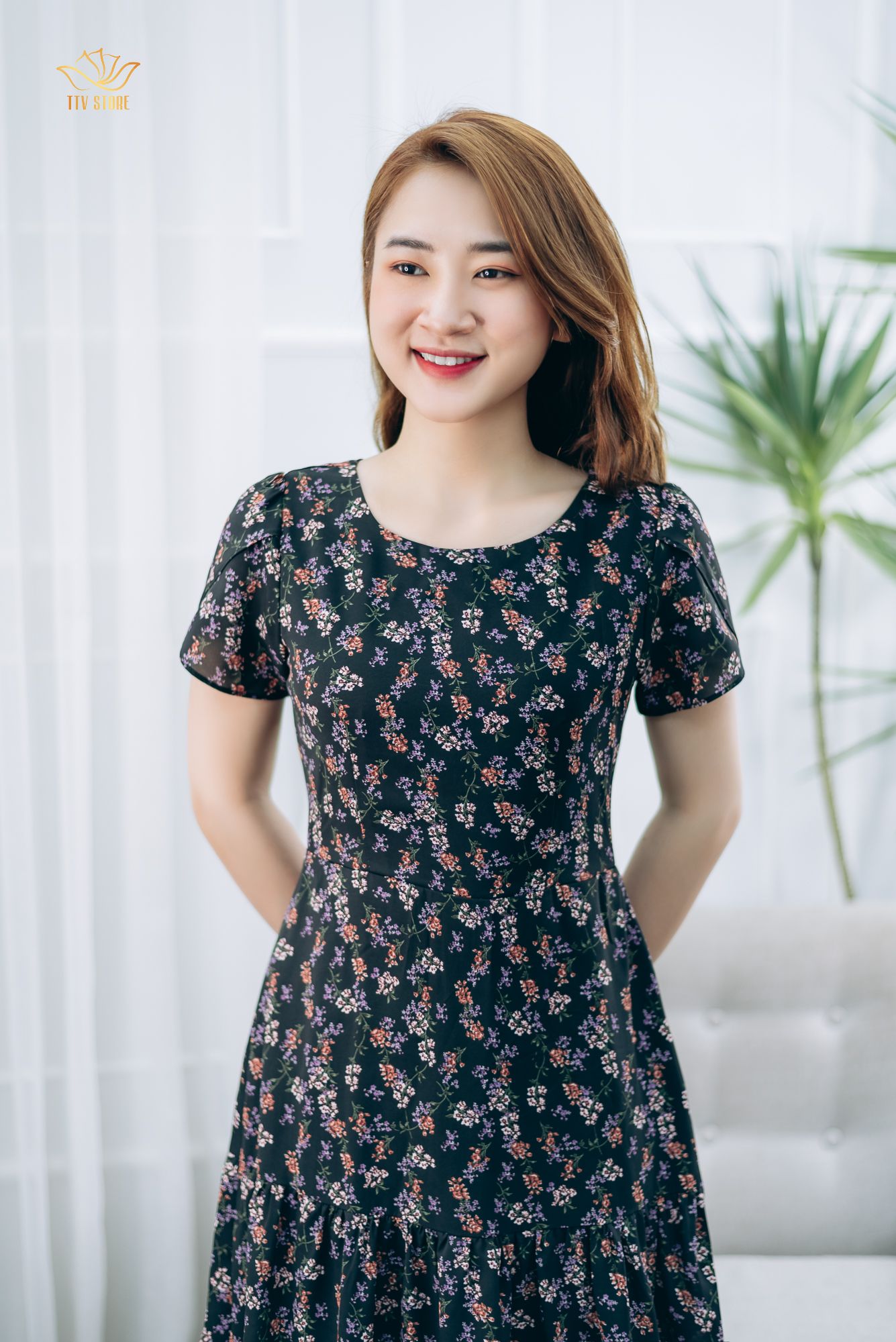 Đầm maxi - Cổ tròn tay búp - CD - Đen hoa - TTV1345