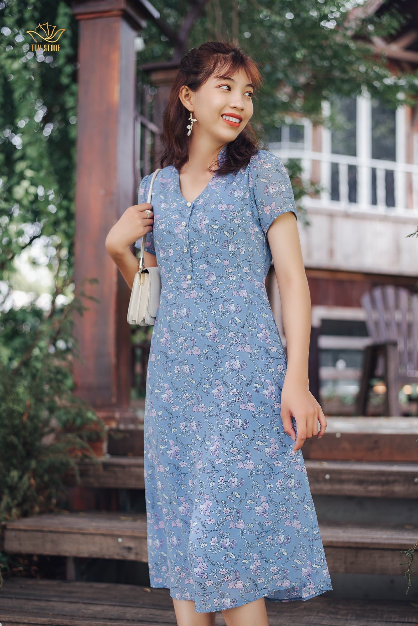 Đầm form A - Cổ trụ kết nút tay ngắn - CD - Xanh hoa hồng - TTV1078