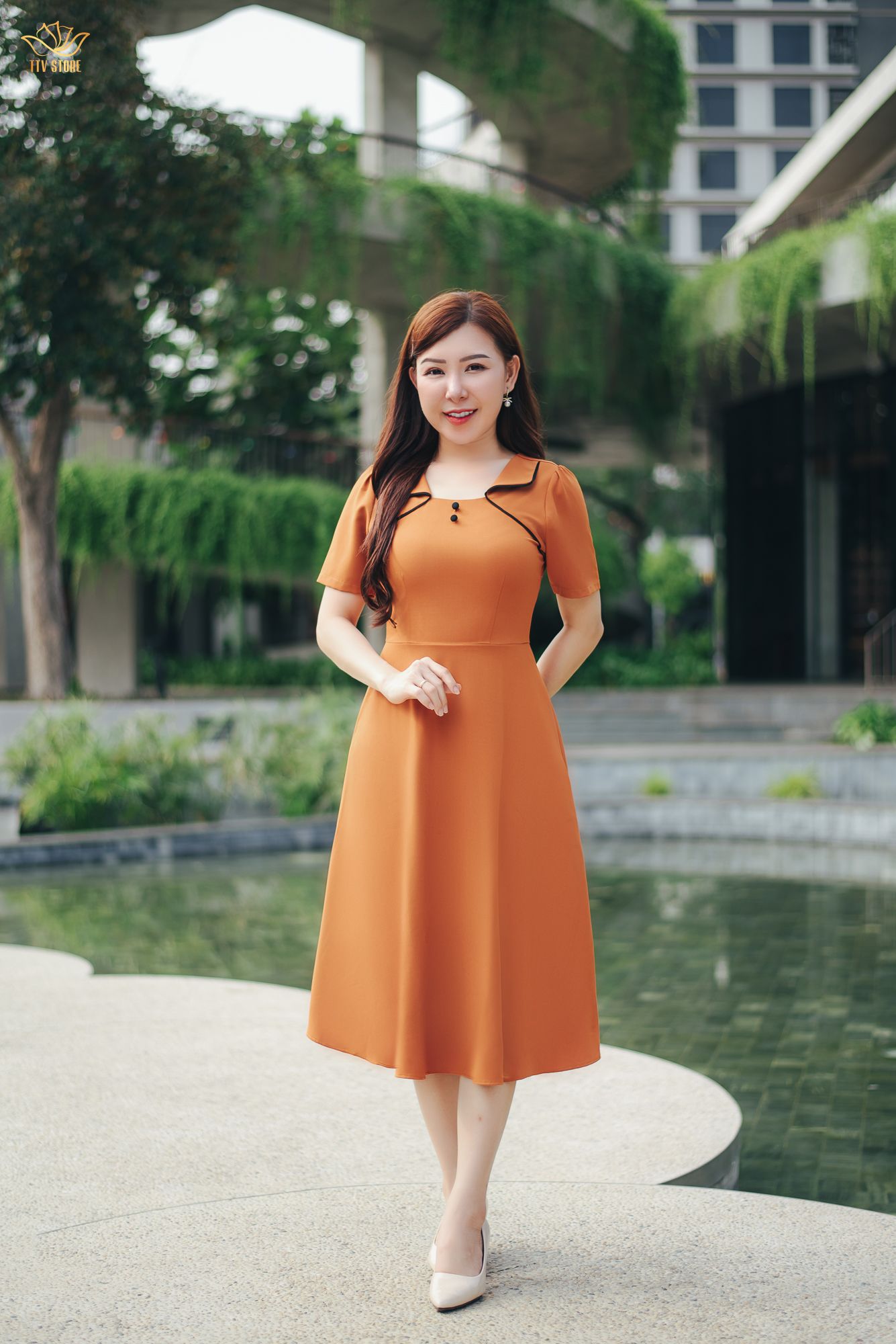 Đầm xòe - Cổ vuông cánh én kết nút tay ngắn - AH - Cam đất - TTV1571