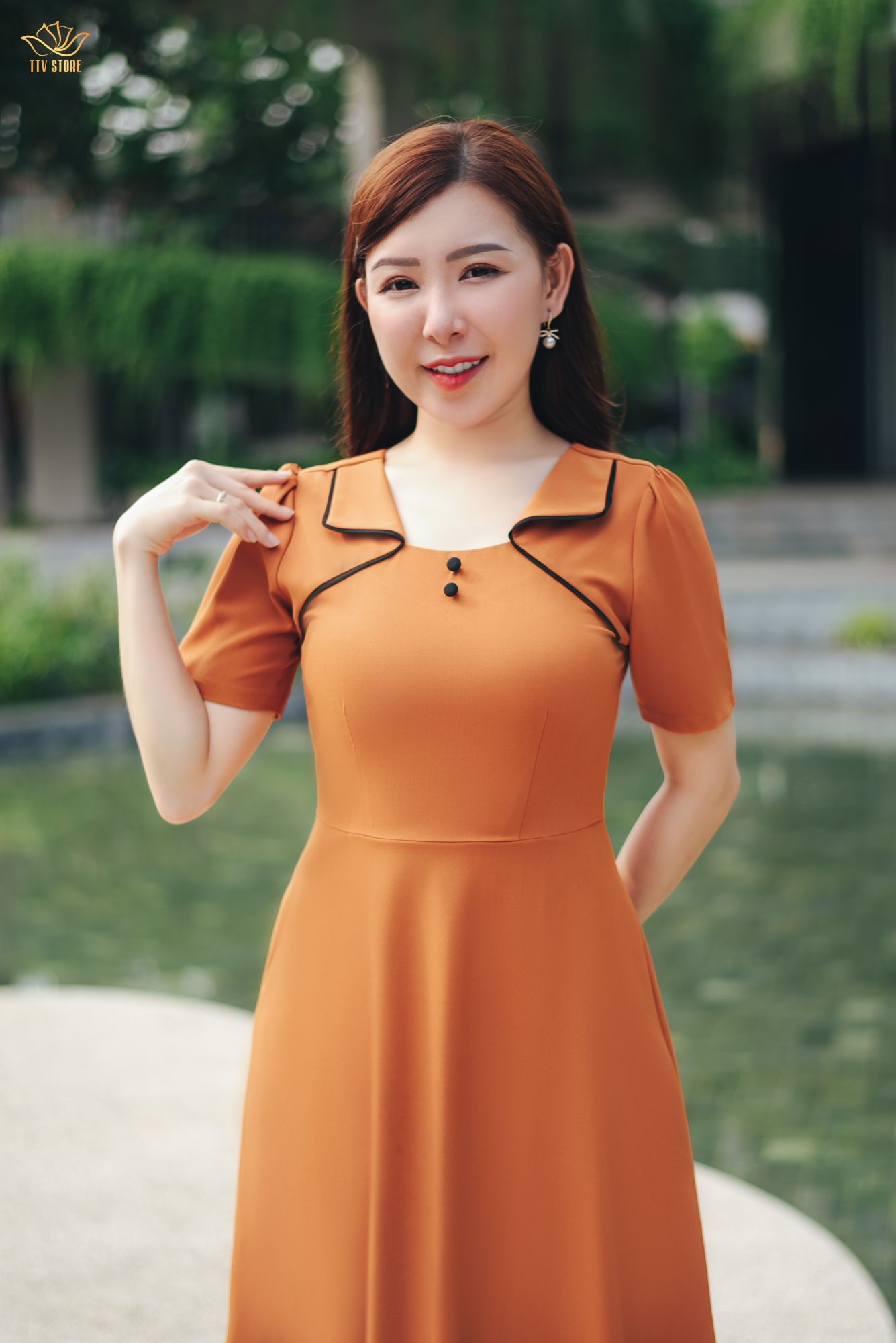 Đầm xòe - Cổ vuông cánh én kết nút tay ngắn - AH - Cam đất - TTV1571