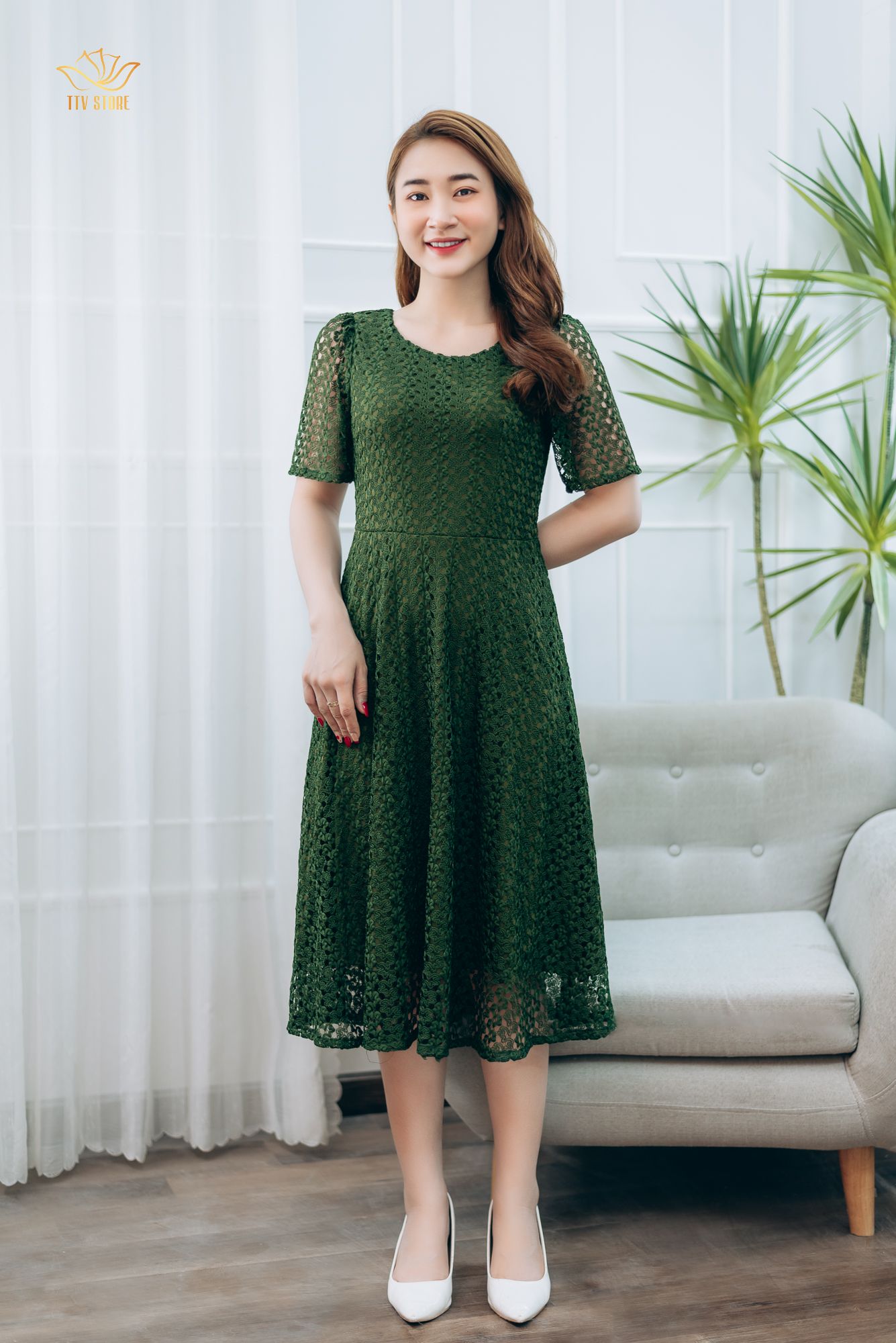Đầm xòe - Cổ tròn tay ngắn - CT - Xanh rêu - TTV1340