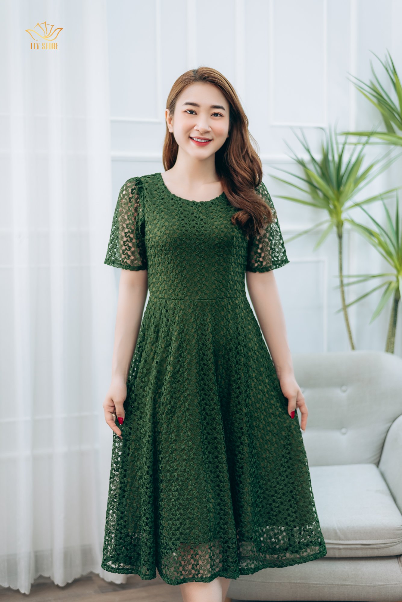 Đầm xòe - Cổ tròn tay ngắn - CT - Xanh rêu - TTV1340