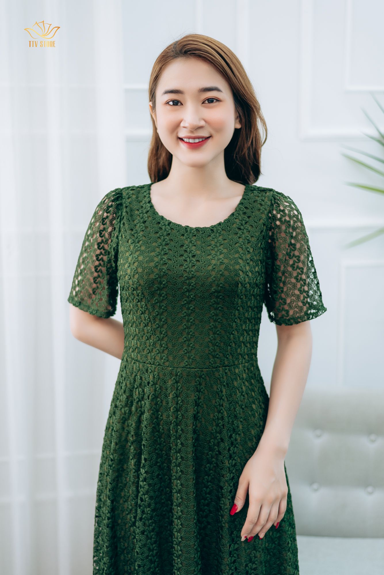 Đầm xòe - Cổ tròn tay ngắn - CT - Xanh rêu - TTV1340