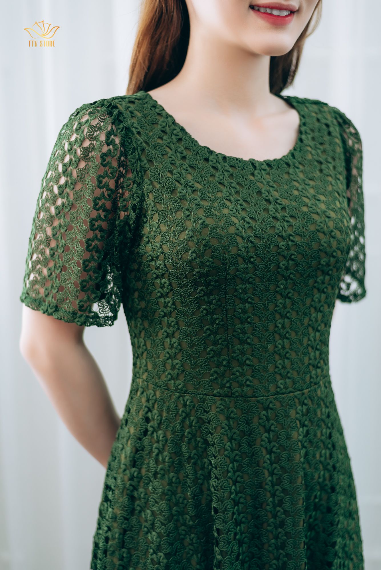 Đầm xòe - Cổ tròn tay ngắn - CT - Xanh rêu - TTV1340