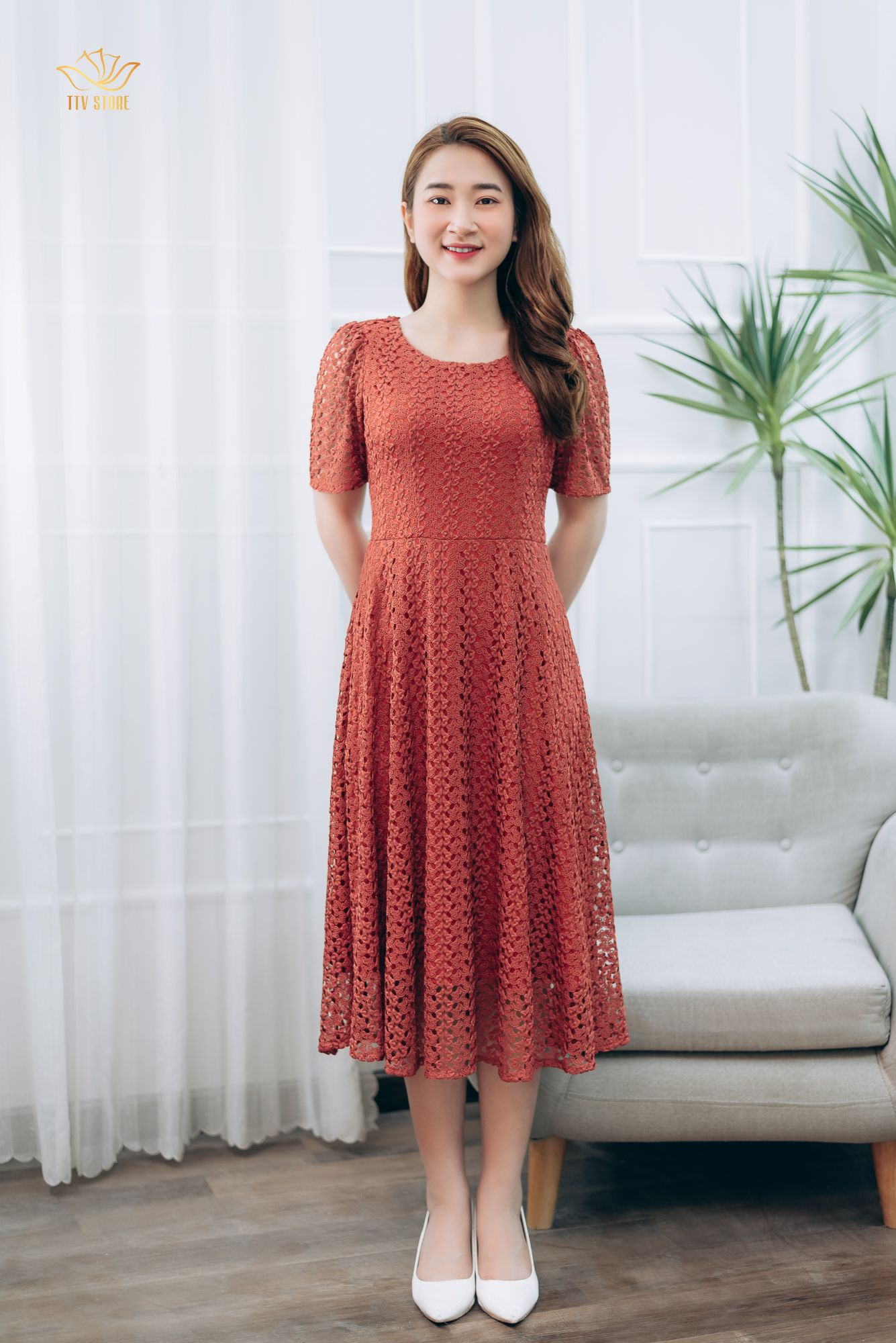 Đầm xòe - Cổ tròn tay ngắn - CT - Cam đất - TTV1340
