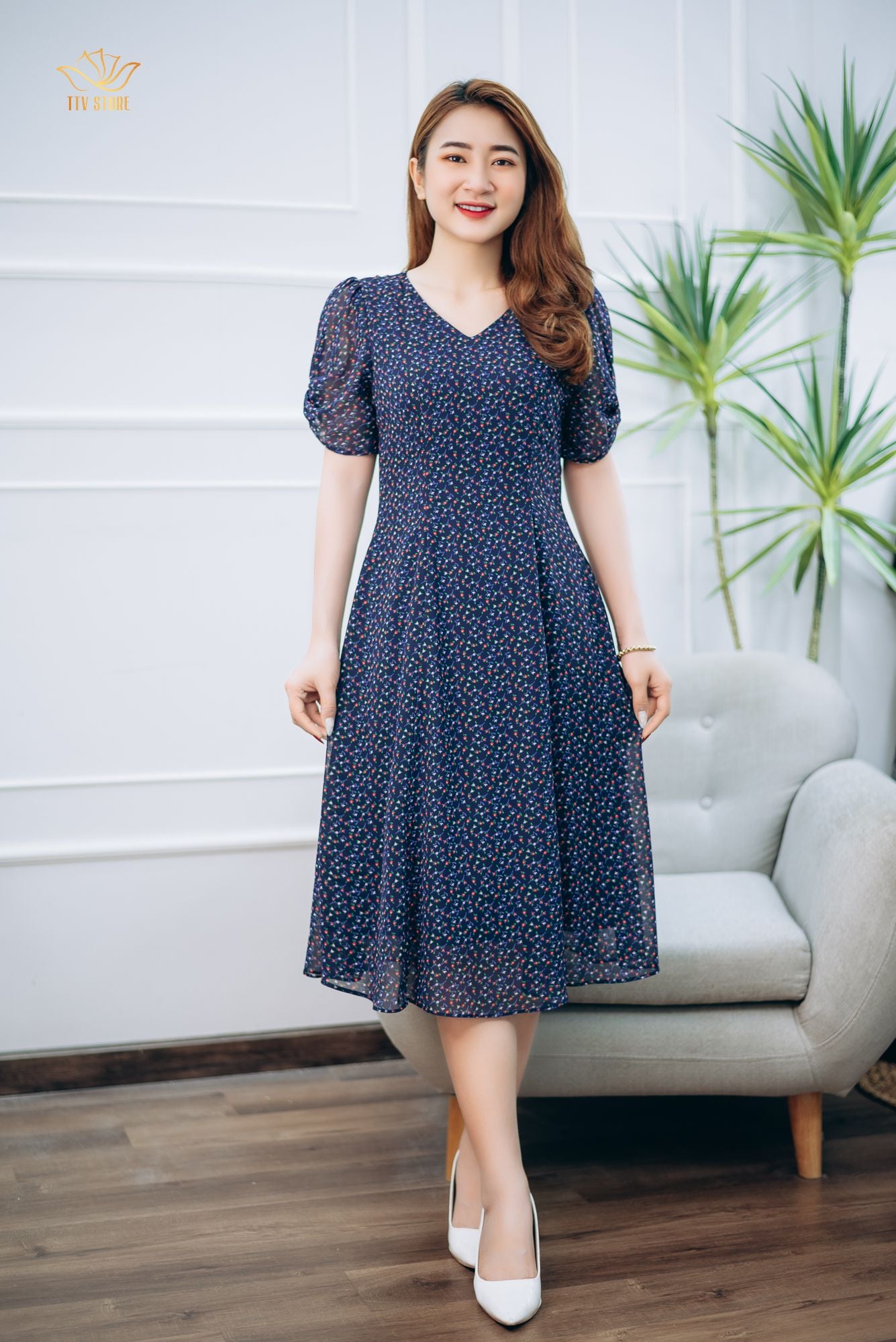 Đầm suông - Cổ tim tay bướm - CD - Xanh hoa nhí - TTV1357