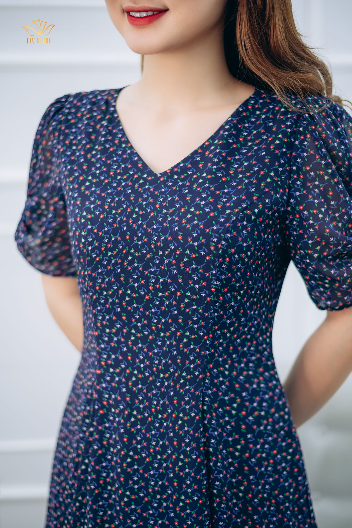 Đầm suông - Cổ tim tay bướm - CD - Xanh hoa nhí - TTV1357