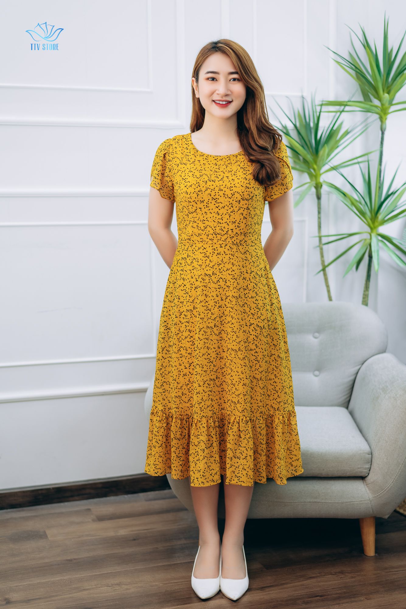 Đầm Form A - Cổ tròn tay búp - CT - Vàng hoa nhí - TTV1349