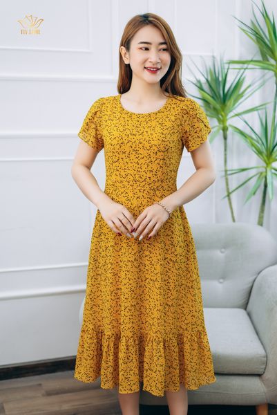 Đầm Form A - Cổ tròn tay búp - CT - Vàng hoa nhí - TTV1349