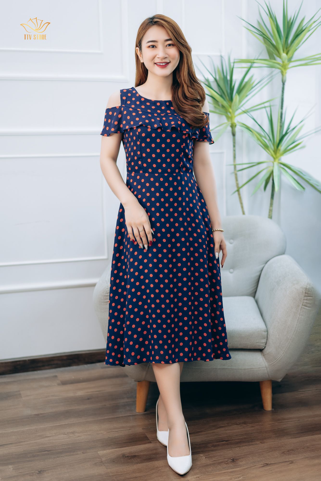 Đầm xòe - Cổ tròn tay rớt - AH - Xanh chấm bi cam - TTV1355