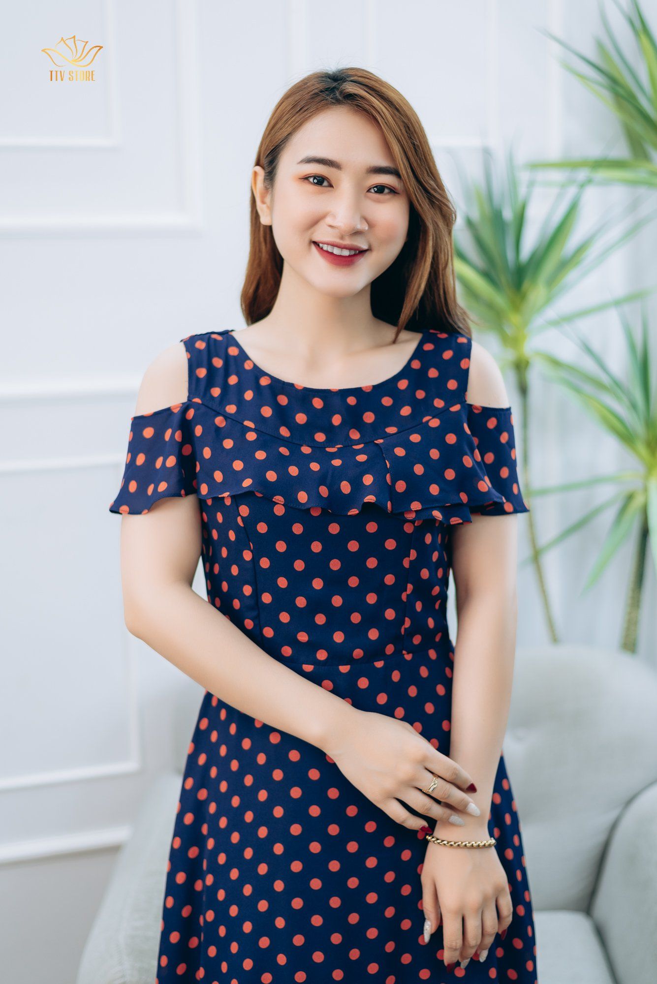 Đầm xòe - Cổ tròn tay rớt - AH - Xanh chấm bi cam - TTV1355