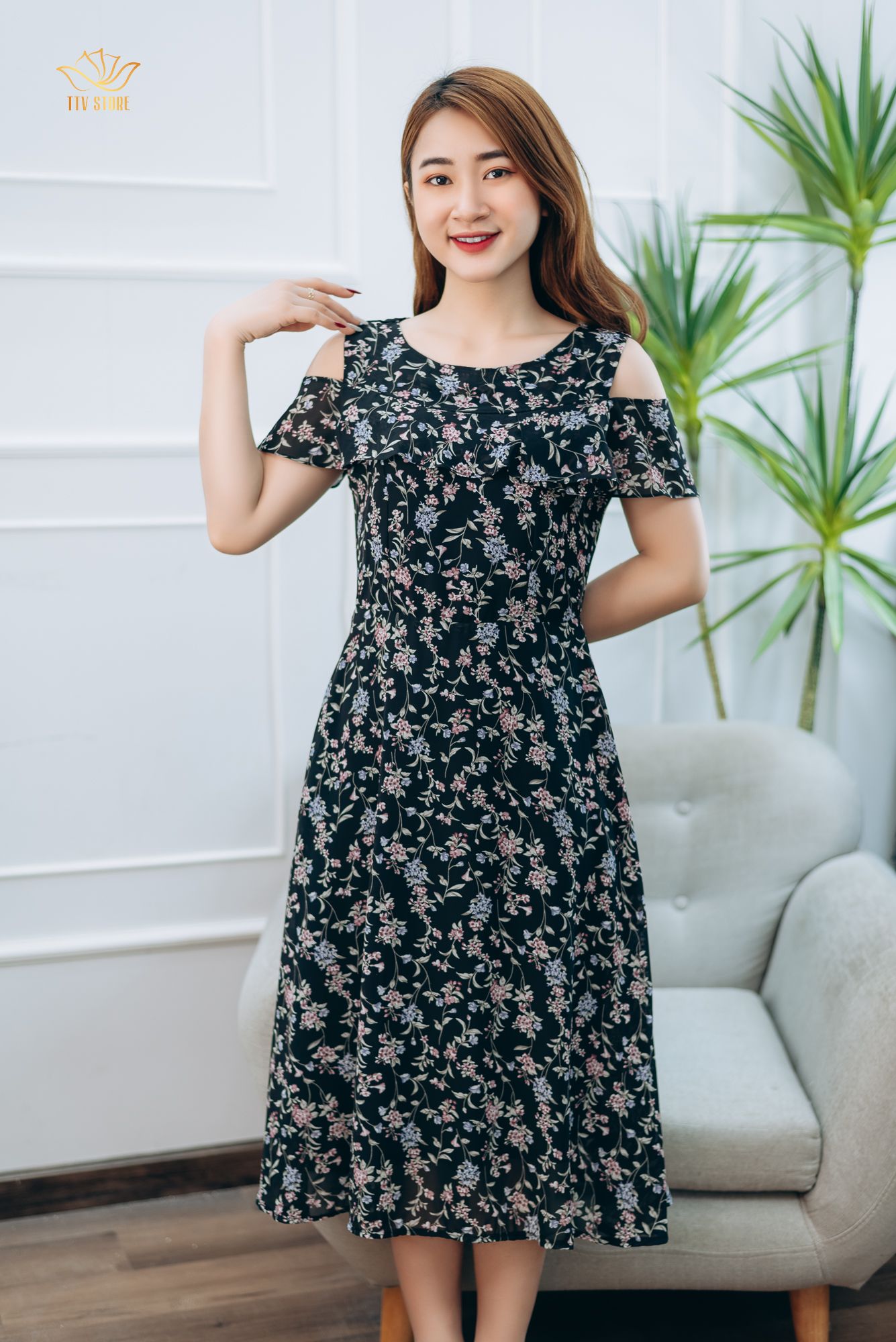 Đầm xòe - Cổ tròn tay rớt - AH - Đen hoa - TTV1356