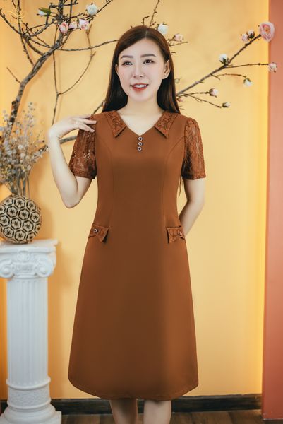 Đầm suông - Cổ tim cánh én kết nút tay ngắn - AH - Vàng đất - TTV1588