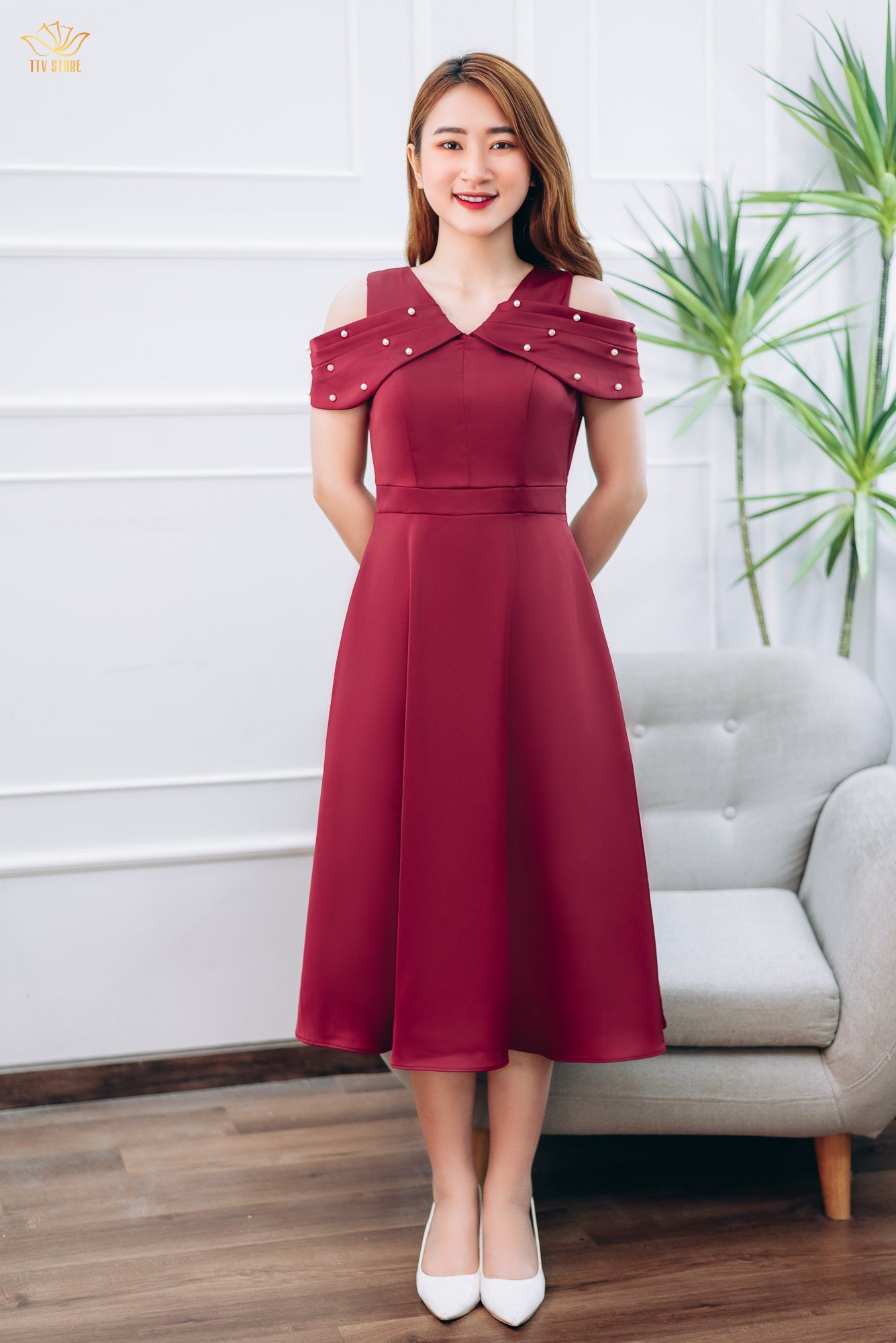 Đầm xòe - Cổ tim tay rớt vai đính ngọc - CV - Đỏ đô - TTV1375