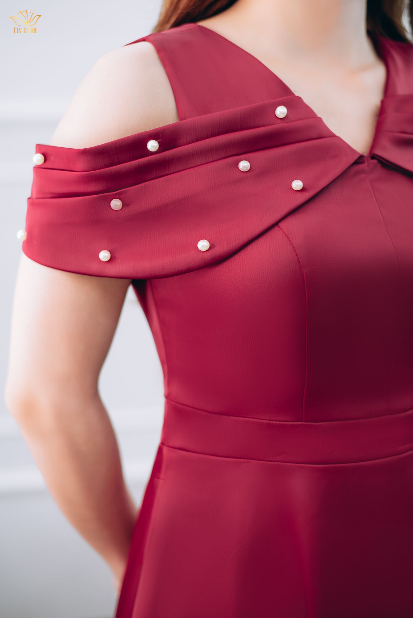 Đầm xòe - Cổ tim tay rớt vai đính ngọc - CV - Đỏ đô - TTV1375