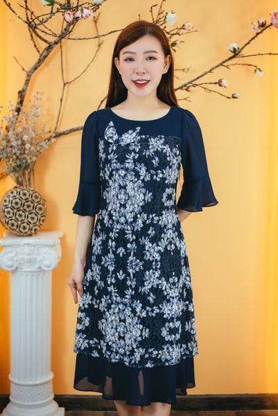 Đầm suông - Cổ tròn nơ tay chuông - CT - Xanh hoa trắng - TTV1596