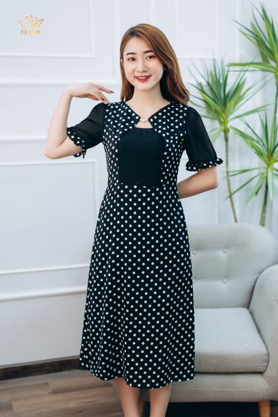 Đầm Form A - Cổ tròn tay lỡ - CT - Đen chấm bi trắng - TTV1366
