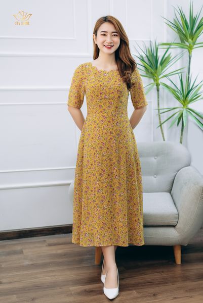 Đầm xòe - Cổ sóng nước tay ngắn - CV - Vàng Hoa - TTV1372
