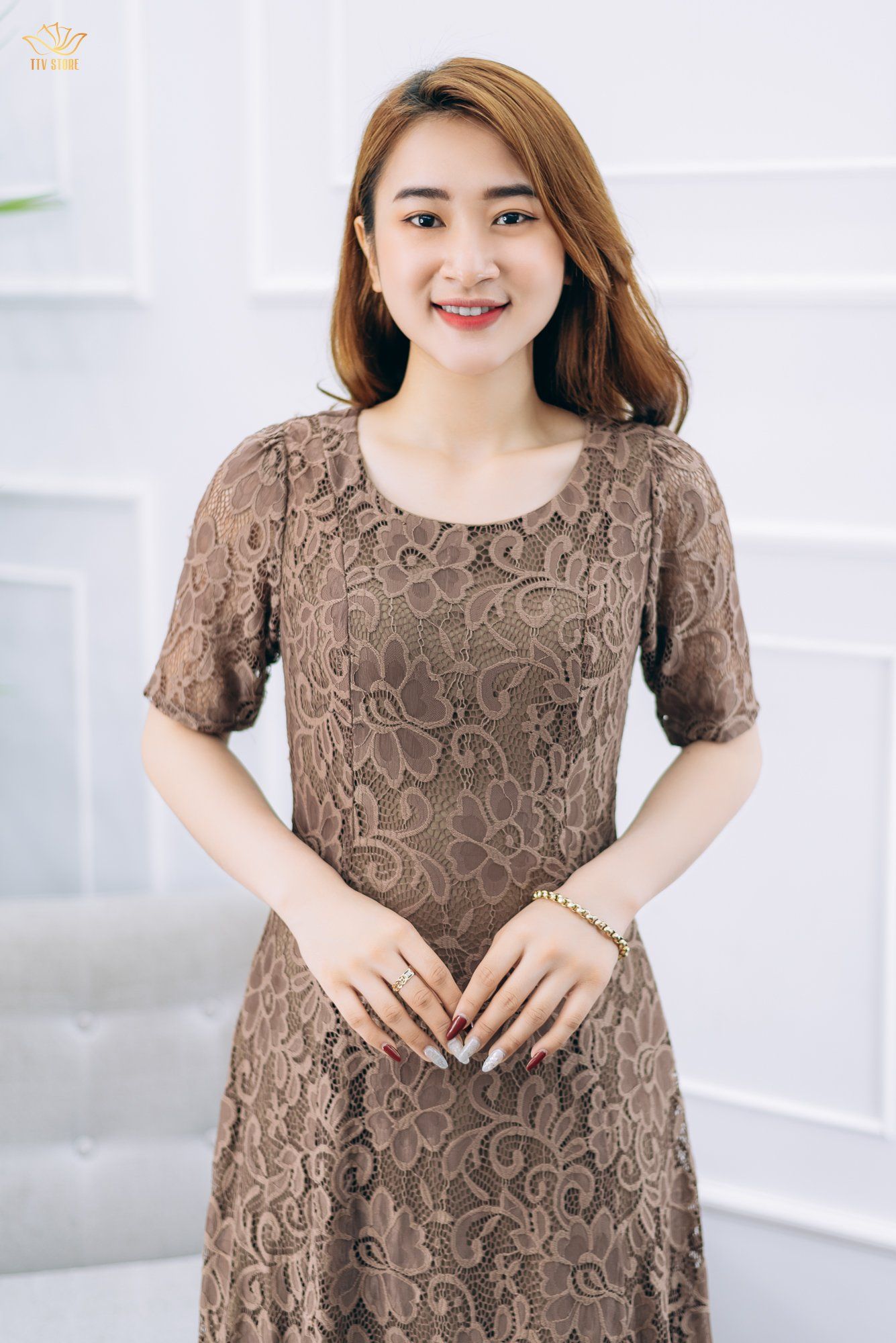 Đầm xòe - Cổ tròn tay ngắn - CT - Ren Nâu Tây - TTV1369