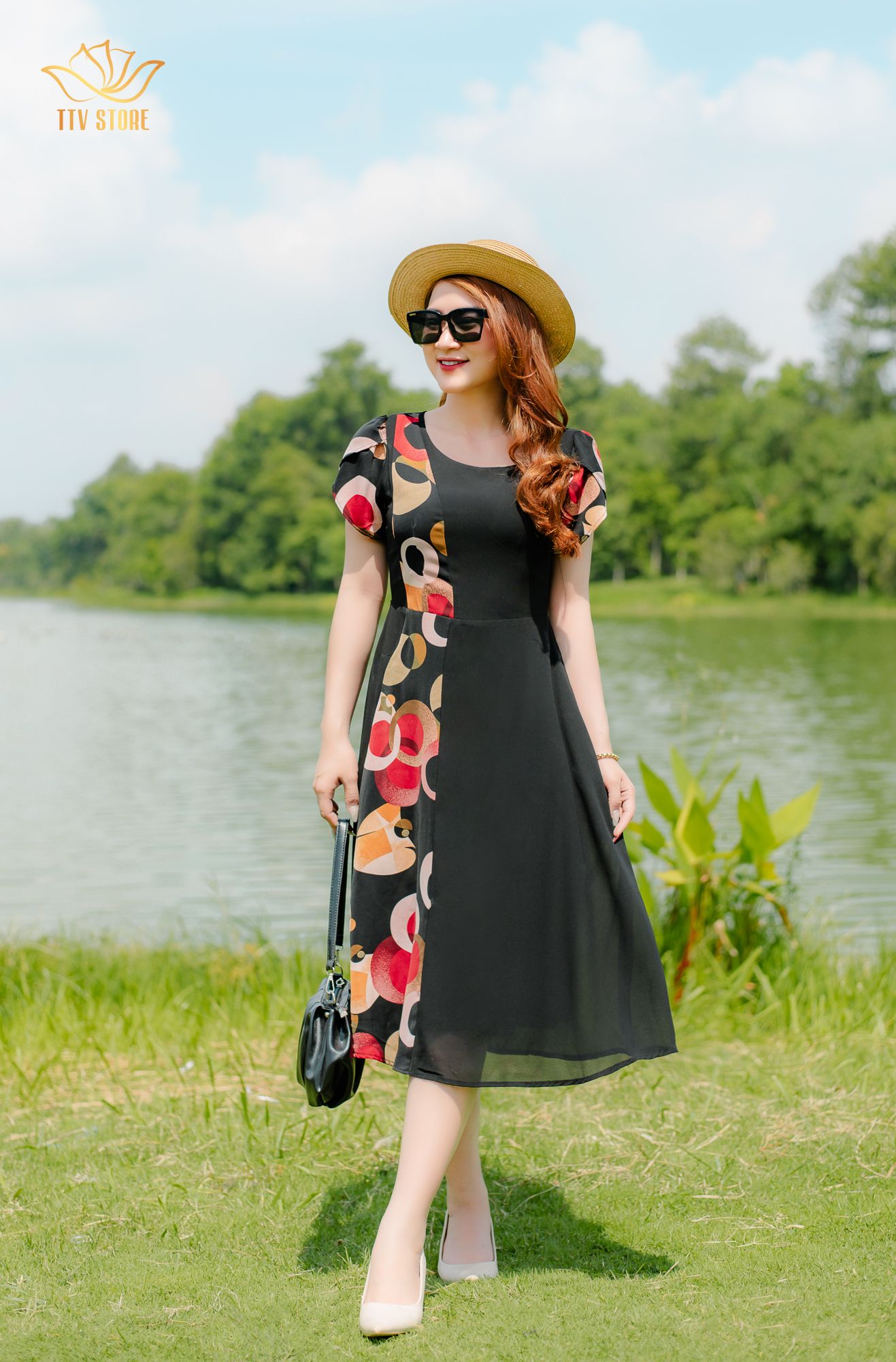 Đầm xòe - Cổ tròn tay búp - AH - Đen họa tiết - TTV1387