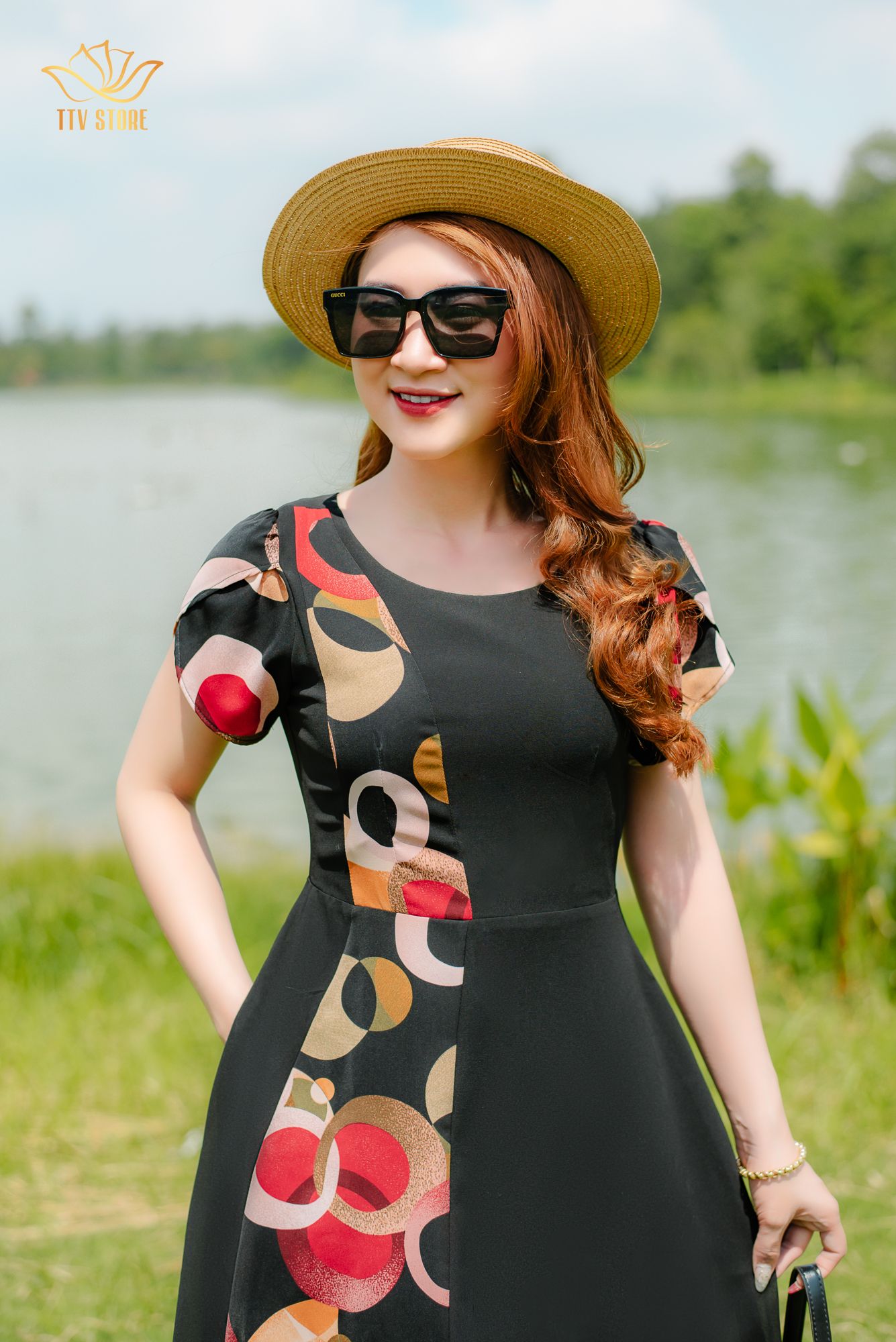 Đầm xòe - Cổ tròn tay búp - AH - Đen họa tiết - TTV1387