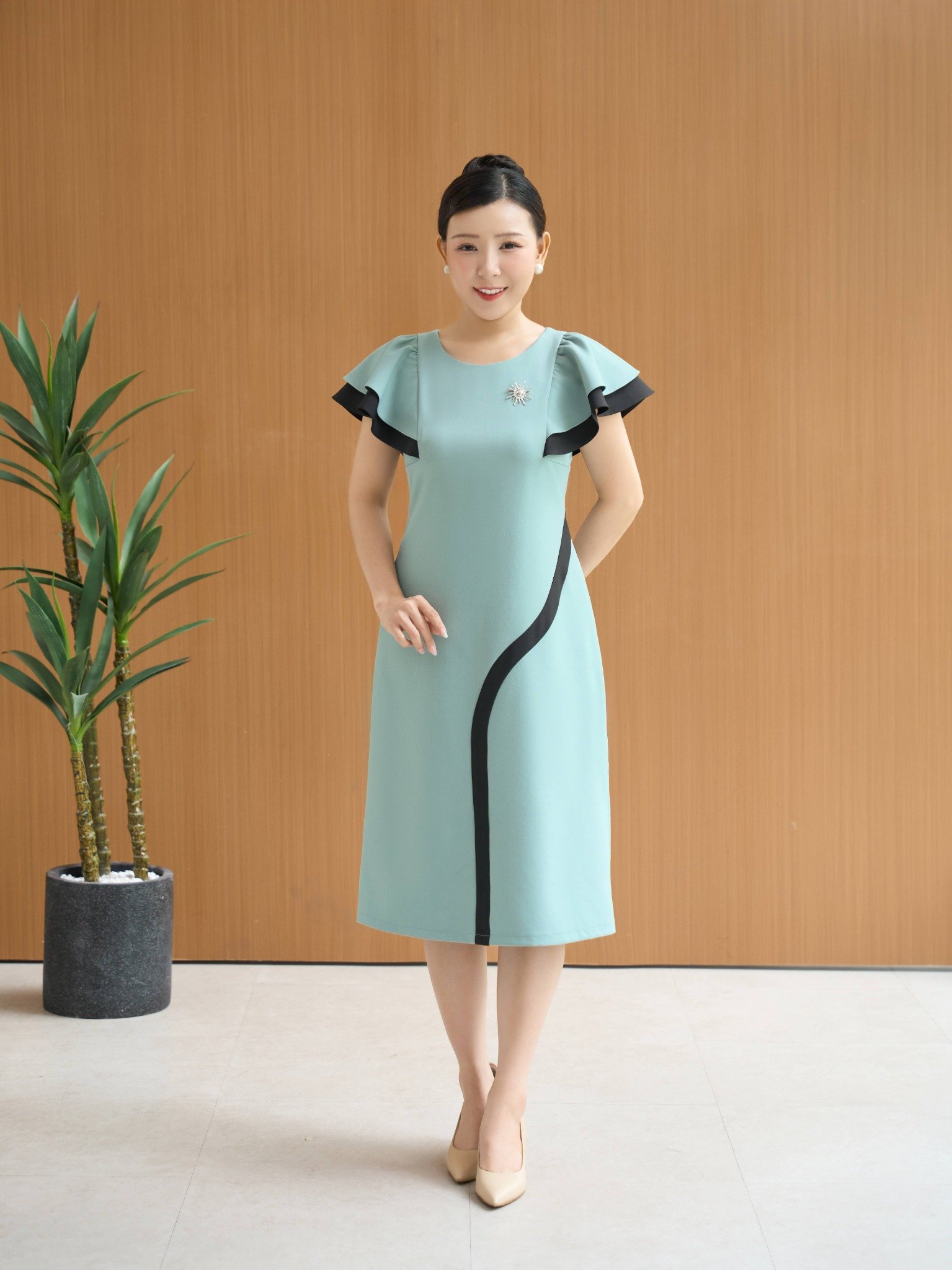 Đầm suông - Cổ tròn tay cánh tiên - CD - Xanh mint - TTV1890#