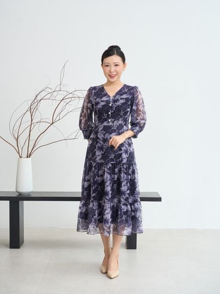 Đầm maxi - Cổ tim kết nút tay lỡ - CD - Xanh tím hoa trắng - TTV1894