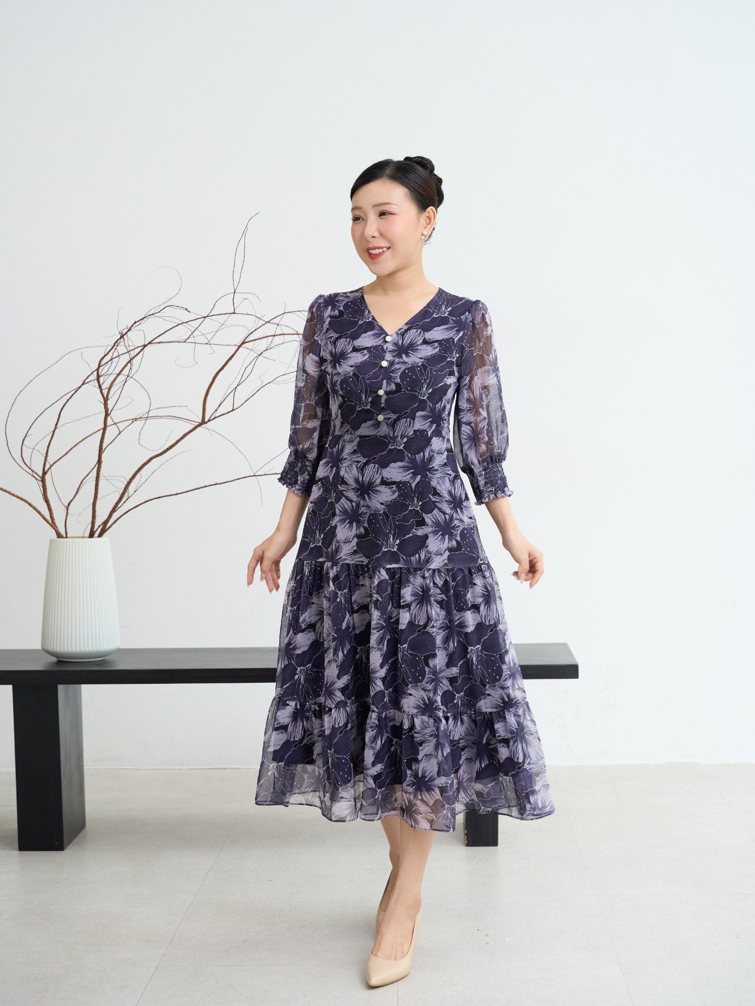 Đầm maxi - Cổ tim kết nút tay lỡ - CD - Xanh tím hoa trắng - TTV1894