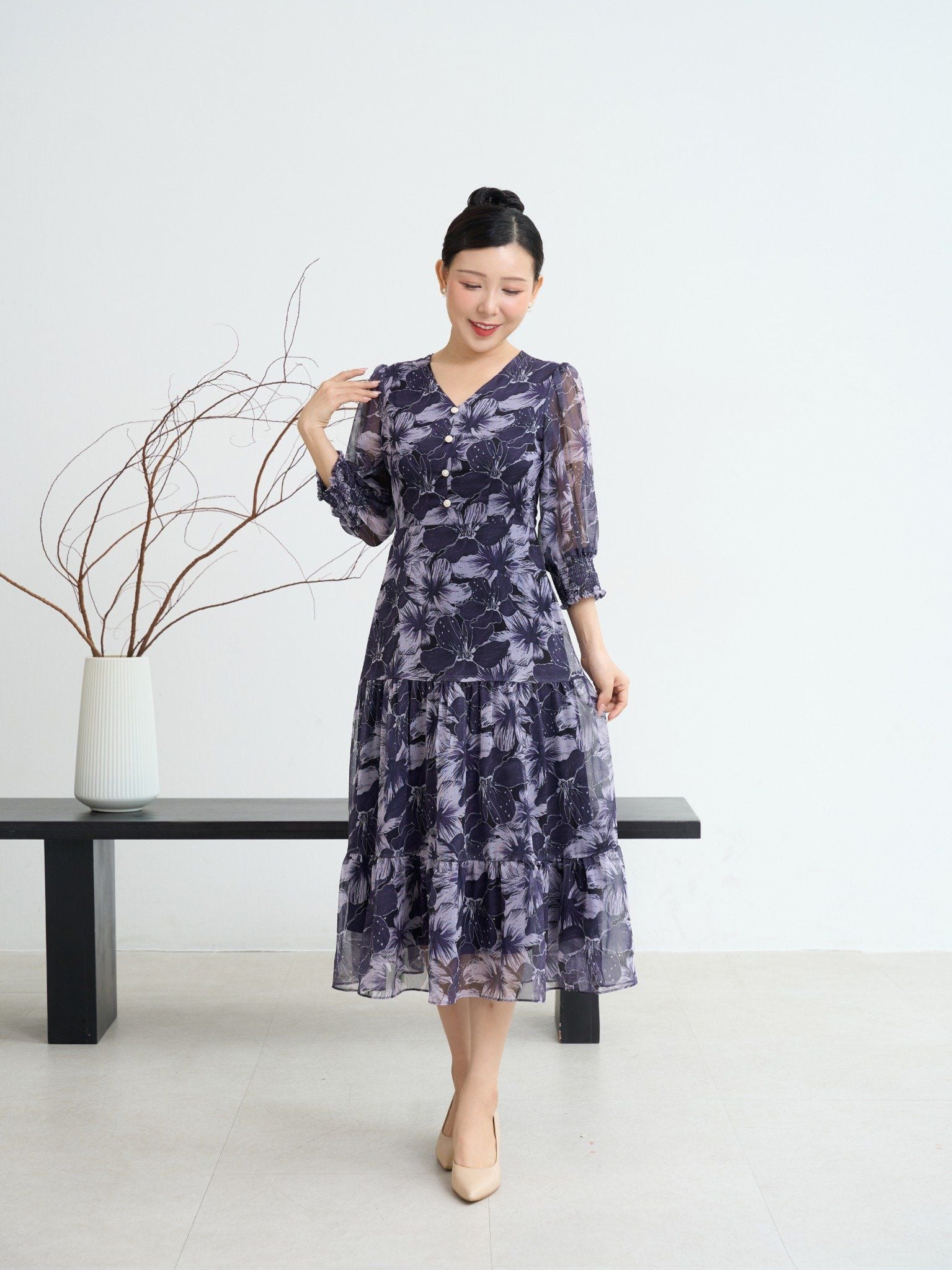 Đầm maxi - Cổ tim kết nút tay lỡ - CD - Xanh tím hoa trắng - TTV1894