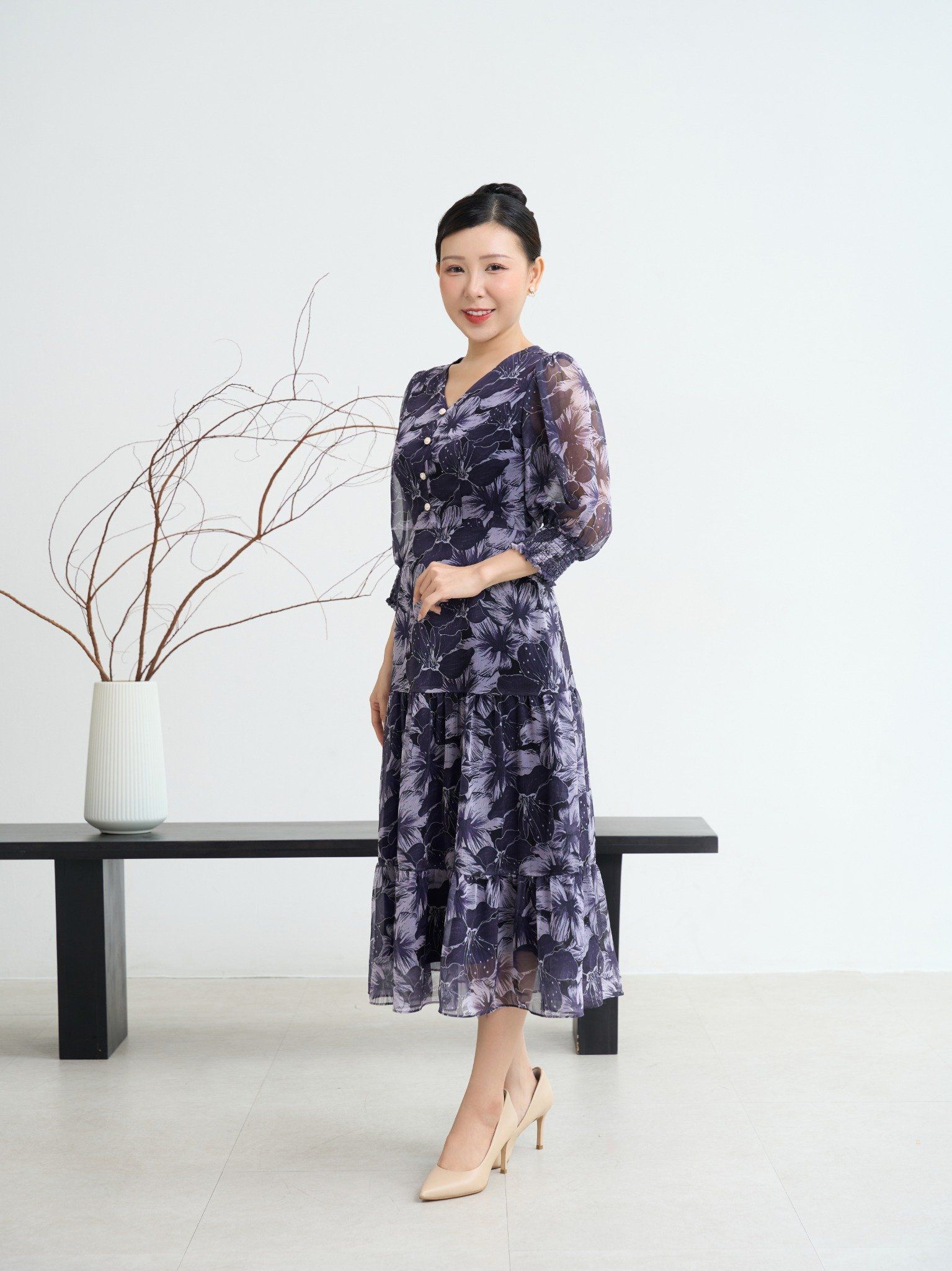 Đầm maxi - Cổ tim kết nút tay lỡ - CD - Xanh tím hoa trắng - TTV1894