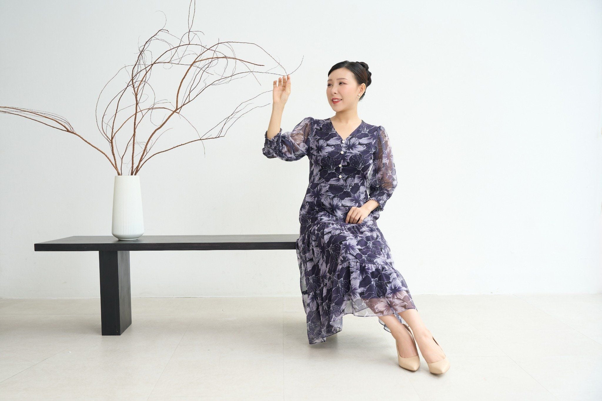 Đầm maxi - Cổ tim kết nút tay lỡ - CD - Xanh tím hoa trắng - TTV1894