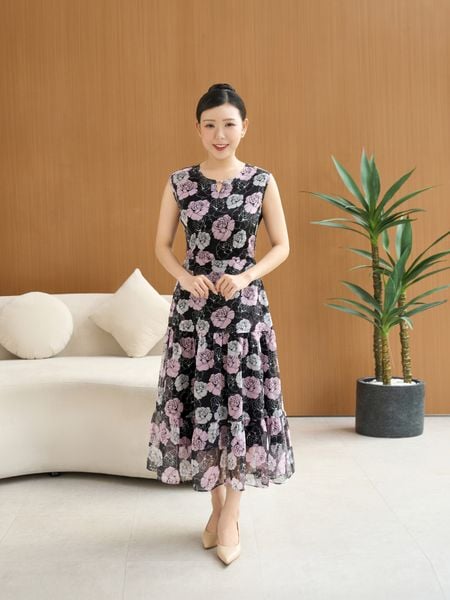 Đầm maxi - Cổ tròn khoét V tay sát nách - CD - Đen hoa - TTV1891