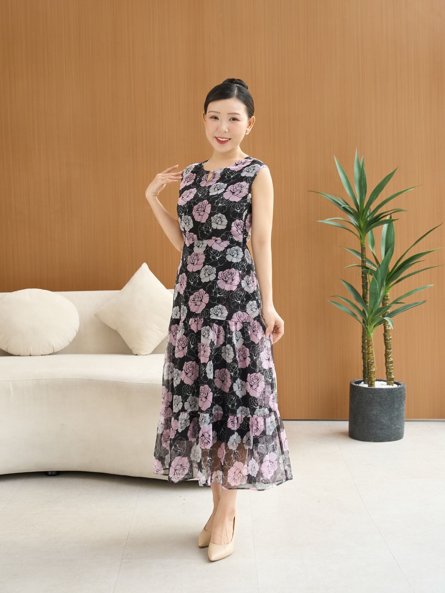 Đầm maxi - Cổ tròn khoét V tay sát nách - CD - Đen hoa - TTV1891