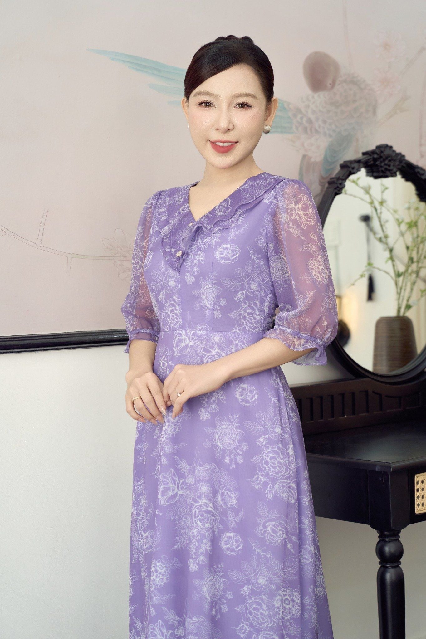 Đầm xòe - Cổ tim bèo kết nút tay lỡ - CV - Tím hoa trắng - TTV1921