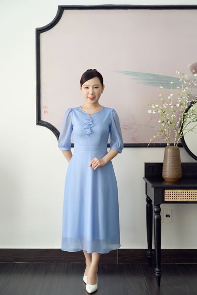 Đầm xòe - Cổ tròn đính đá khoét V tay lỡ - CT - Xanh  - TTV1896