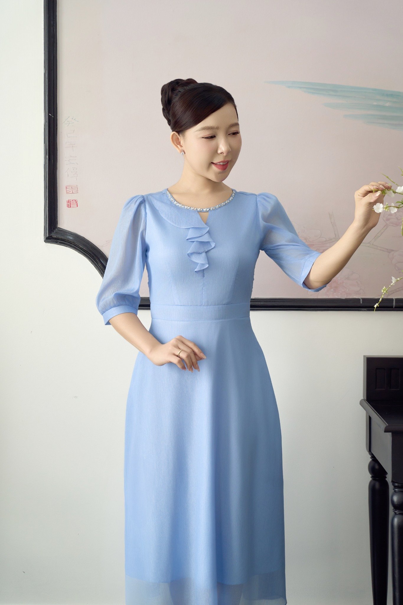 Đầm xòe - Cổ tròn đính đá khoét V tay lỡ - CT - Xanh  - TTV1896