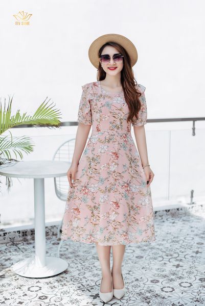 Đầm xoè - Cổ tròn tay phối bèo - CV - Hồng hoa - TTV1082