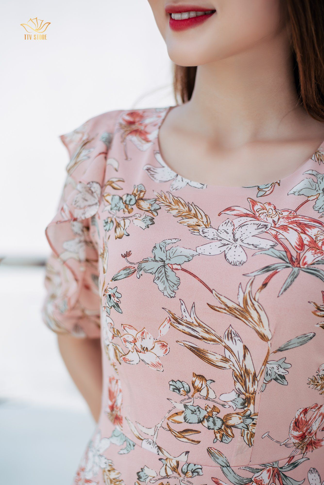 Đầm xoè - Cổ tròn tay phối bèo - CV - Hồng hoa - TTV1082