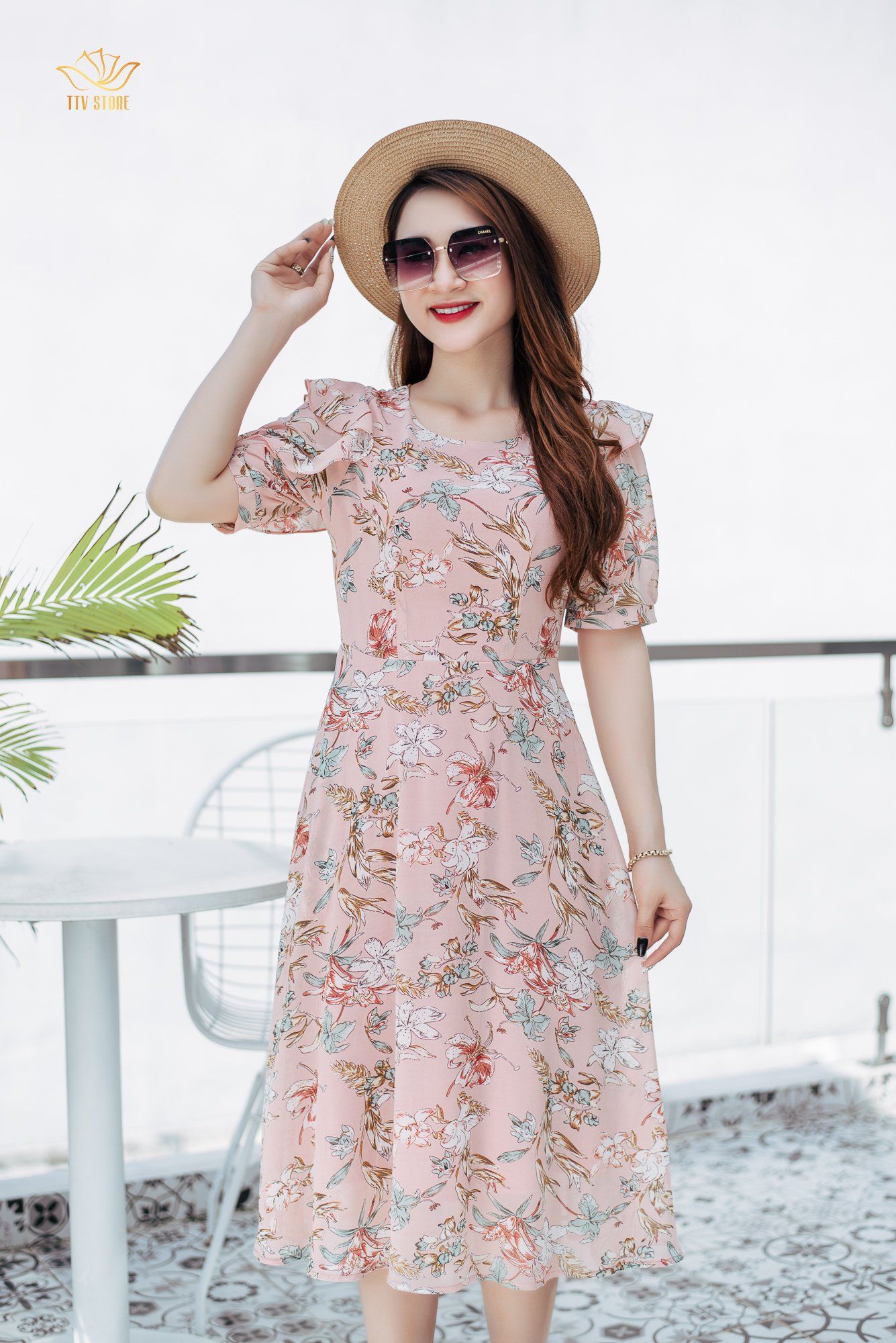 Đầm xoè - Cổ tròn tay phối bèo - CV - Hồng hoa - TTV1082