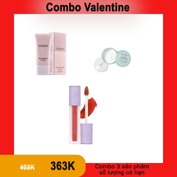 Combo 363K- 3 sản phẩm (Essance_Kem Nền Che Khuyết Điểm Veil Fit Foundation SPF 25/PA++ 30ml + INNISFREE_Phấn Phủ Dạng Bột Kiềm Dầu No Sebum Mineral Powder 5g + Black Rouge_Air Fit Velvet Tint (A12))