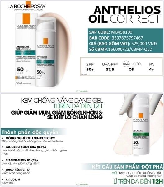 LA ROCHE POSAY_Kem Chống Nắng giảm mụn, kiểm soát nhờn Anthelios Oil Correct Daily 50ml