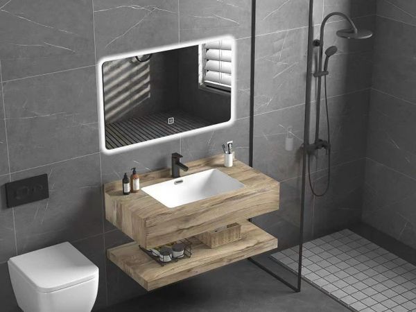 Bàn đá lavabo 2 tầng màu gỗ tràn viền 80cm BR957