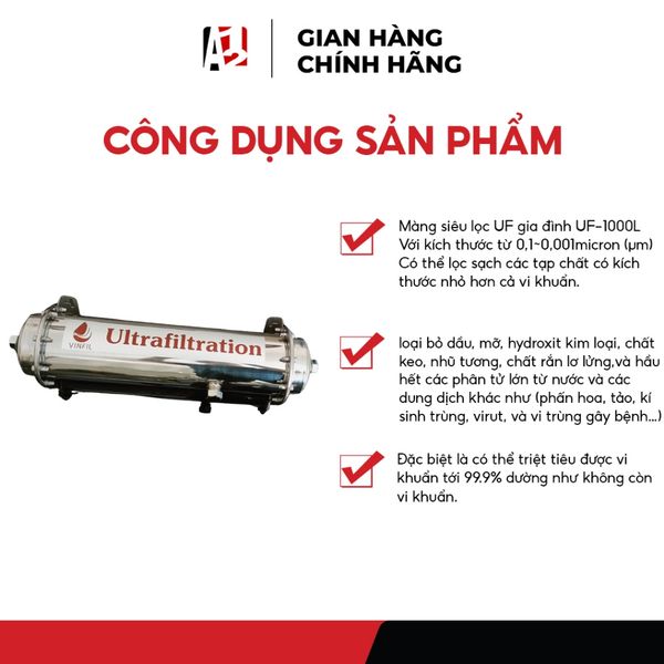 Màng UF Vỏ Inox Công Suất Thực 1000L/h, Phi 127x530mm Hoặc Phi 102x970mm