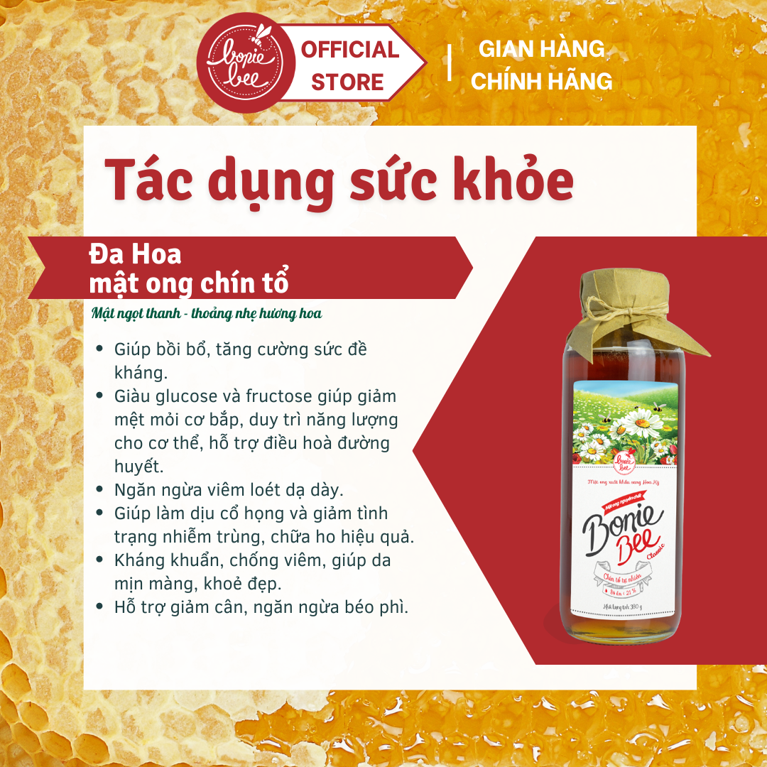  Mật Ong Bonie Bee Nguyên Chất Từ Đa Hoa (BB Classic) - Chín Tự Nhiên Từ Tổ - Không Qua Xử Lý - 380g 