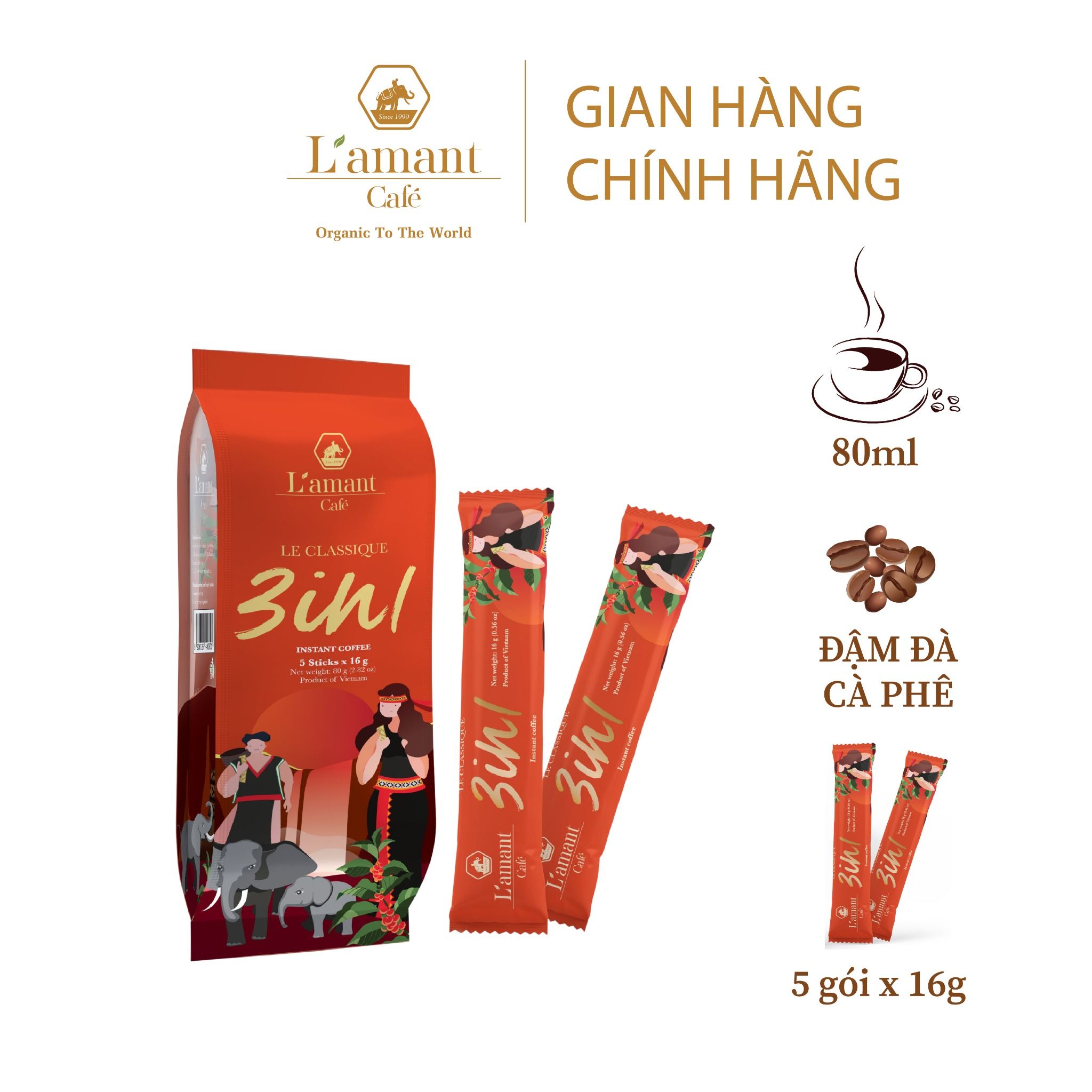  Cà phê hòa tan L'amant 3in1 vị cà phê sữa đá thơm ngon (5 gói sticks x 16gr) 