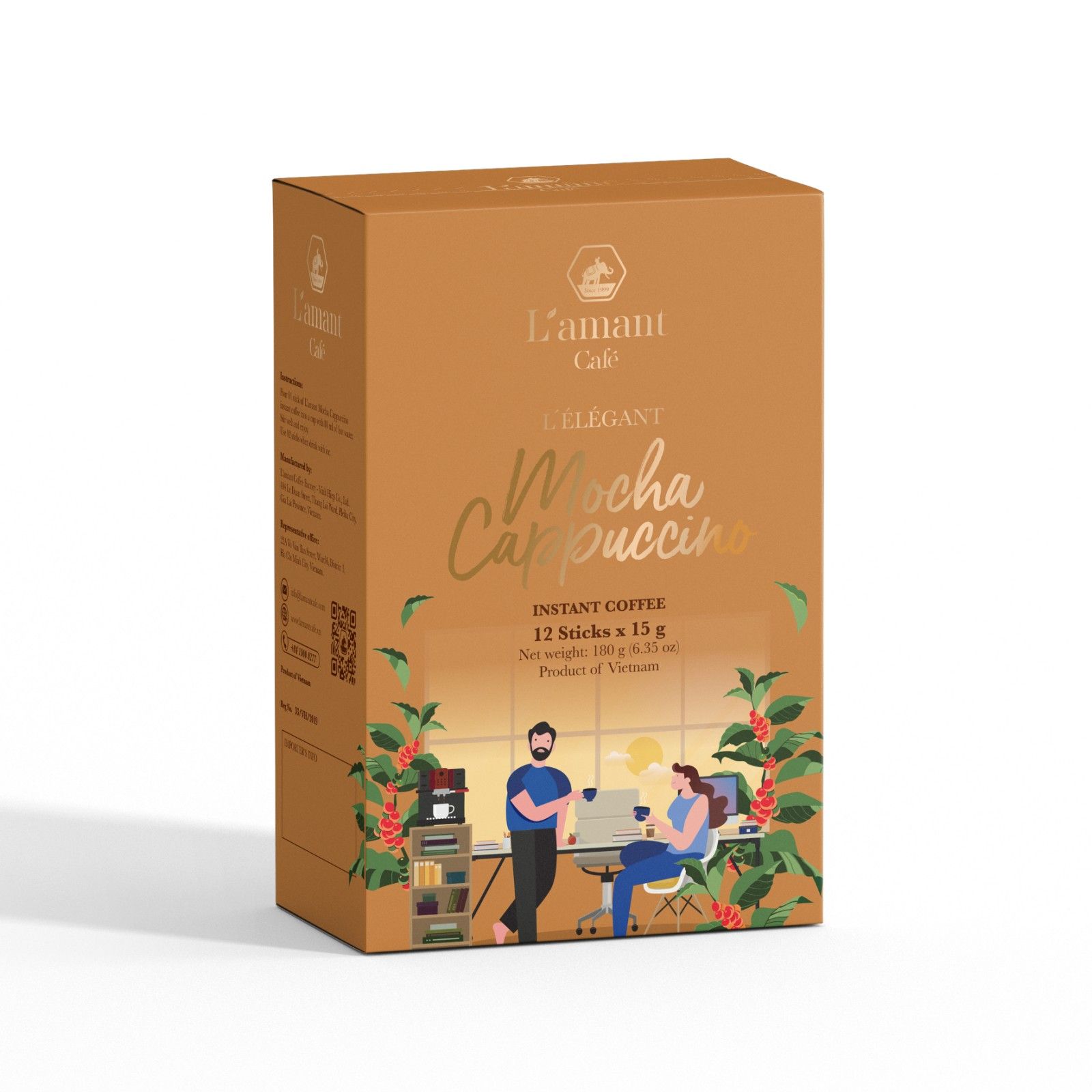  Cà phê hòa tan vị socola L'amant Mocha Cappuccino (Hộp 12 gói x 15 gam) 